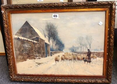 sheep-and-shepherd-in-a-snowy-lane