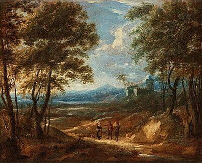 a-wooded-landscape-with-figures-and-a-castle