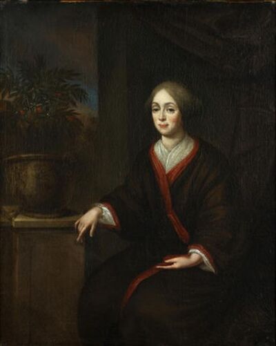 portrait-of-a-lady-three-quarter-length-seated-in-a-brown-dress-before-a-curtain