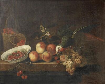 a-dish-of-strawberries-and-a-parrot-with-peaches-and-grapes-on-a-table-top