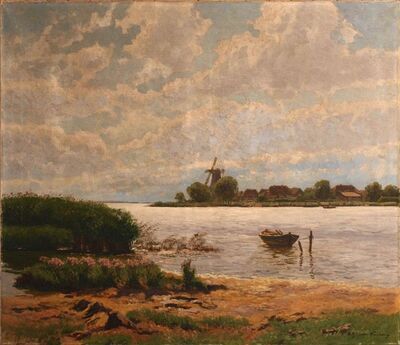 norddeutsche-flusslandschaft-im-hintergrund-eine-windmuhle-unter-sommerlichem-himmel