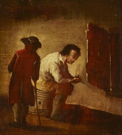 two-figures-in-an-interior-one-sitting-on-a-barrel-smoking-a-pipe