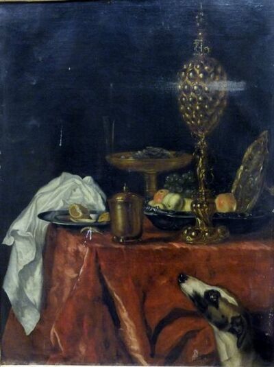 dining-table-with-fruit-and-bowls-plates-goblet-etc-a-greyhound-looking-on