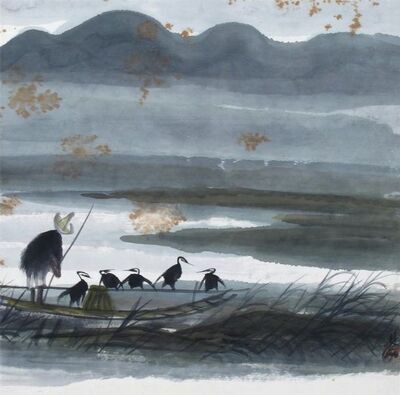 a-fisherman-on-a-punt-with-five-cormorants