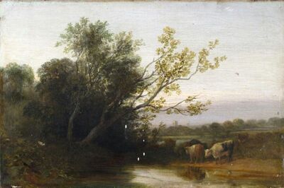 cattle-watering-a-tower-beyond