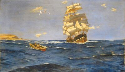 a-trader-off-the-coast-with-fishermen-in-a-rowing-boat