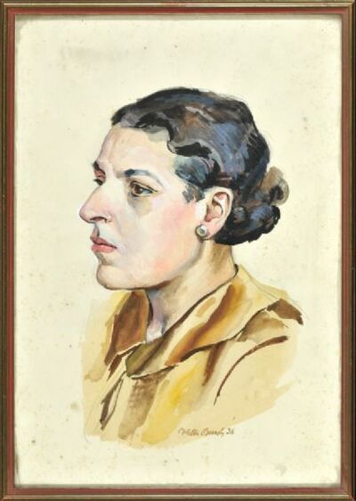 portrait-einer-dame-in-gelb-brauner-bluse-im-dreiviertel-profil