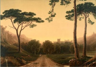 horseman-approaching-a-scottish-castle-at-sunset