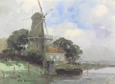 a-mill-on-the-water-in-the-foreground-a-farmer-s-woman-approaching-a-moored-boat