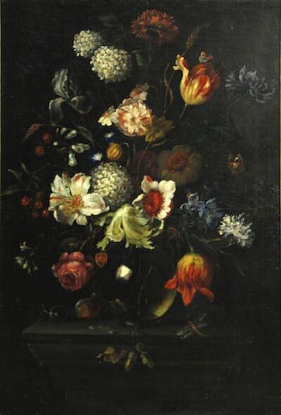 a-still-life-with-flowers-in-a-glass-vase-and-a-dragonfly-on-a-stone-ledge-a-still-life-with-flowers-in-a-glass-vase-and-fruit