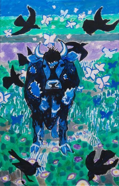 blue-cow-with-black-birds