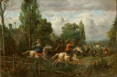 jagdgesellschaft-zu-pferd-in-hugeliger-landschaft-mit-schlosshintergrund