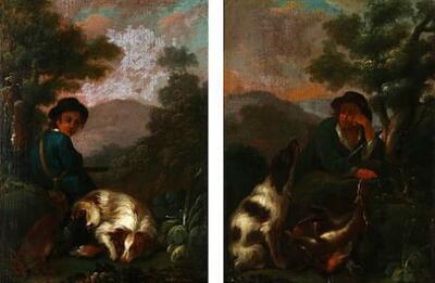 two-scenaries-with-a-huntsman-with-his-dog-and-game