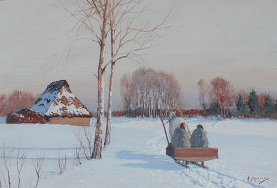 peaceful-winter-meadow-scene-with-lone-horse-drawn-sleigh-approaching-a-domicile