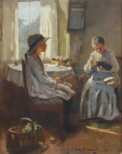 a-visit-to-grandma-interior-genre-scene-with-young-girl-watching-her-grandmother-knit-by-a-sunlit-window