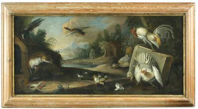 a-magpie-alarmed-by-a-fox-with-domestic-poultry-and-an-extensive-landscape-beyond