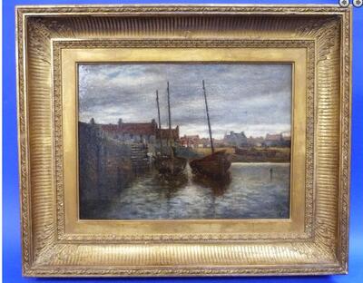 fishing-boats-and-figures-by-the-quay-in-a-fishing-village