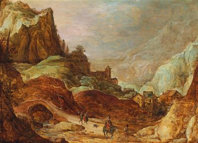 a-mountainous-landscape-with-a-horseman-and-travellers-on-a-path-with-a-village-in-the-background
