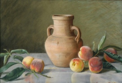 still-life-with-peaches-and-a-stoneware-jug-on-a-table
