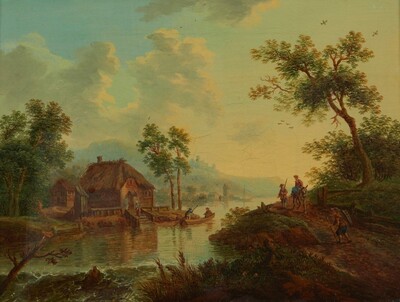 paysage-de-riviere-avec-des-bergers-et-une-barque-paysage-de-cascade-avec-des-bergers