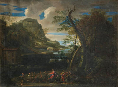 a-mountainous-wooded-landscape-with-christ-preaching-in-a-carved-frame