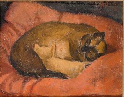 la-chatte-et-son-chaton-sur-un-coussin-rouge