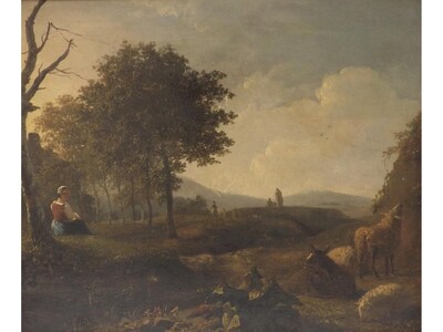 shepherdess-and-sheep-in-a-landscape-with-other-figures-on-a-bridge-nearby