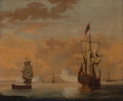 two-british-men-o-war-firing-salutes-in-calm-water-off-a-coast