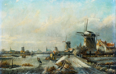 winterlandschaft-mit-zugefrorenem-kanal-windmuhlen-und-hausern