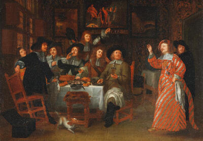 figures-dining-in-an-interior-with-a-carnival-figure