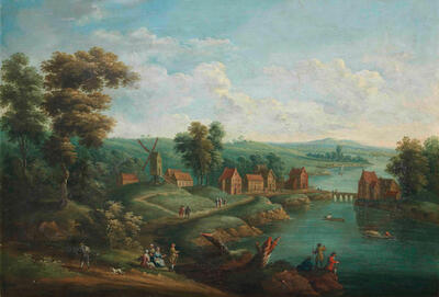 figures-by-a-river-before-a-village-and-windmill