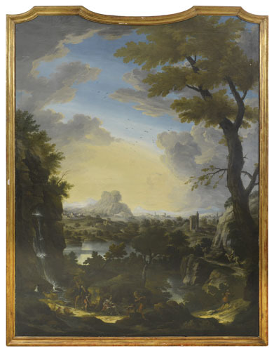 paesaggio-arcadico-con-viandanti-e-pastori-olio-su-tela-sagomata