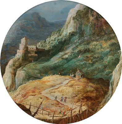 a-mountainous-landscape-with-travellers-by-a-cottage-and-an-elevated-castle