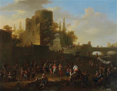 an-italianate-landscape-with-numerous-figures-by-a-ruin-and-a-bridge-in-the-background