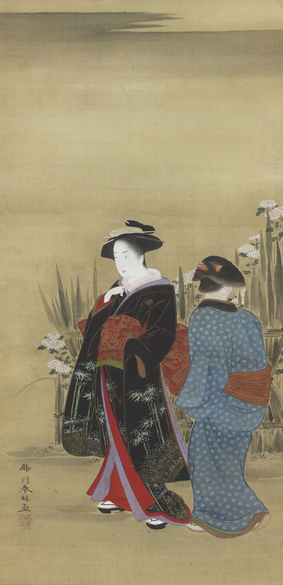 beauty-and-attendant-admiring-chrysanthemums