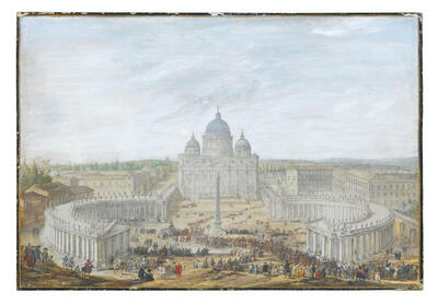 a-view-of-st-peter-s-rome-with-bystanders-watching-a-papal-procession-leaving-the-piazza