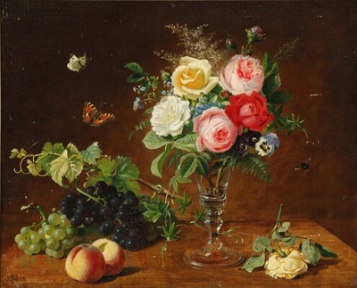 still-life-with-colourful-roses-in-a-glass-vase-with-grapes-peaches-and-insects