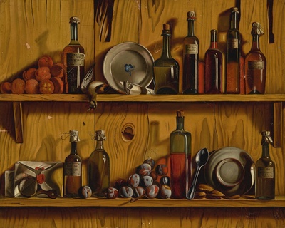 trompe-l-oeil-still-life-of-bottles-fruit-plates-and-other-objects-along-two-wooden-shelves
