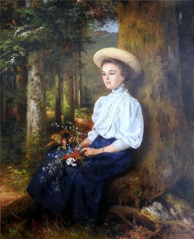 damenportrait-mit-sonnenhut-und-pfluckblumen-im-wald