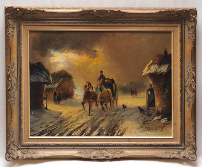 carriage-entering-a-wintry-village-with-thatched-farmhouses-under-the-evening-sky