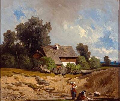 picturesque-farmstead-with-laundresses-by-the-pond-on-a-summer-s-day