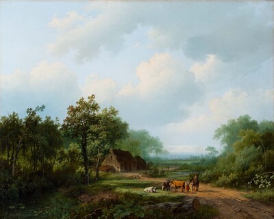 figures-and-cattle-on-a-sandy-path-with-farm-in-a-wooded-landscape