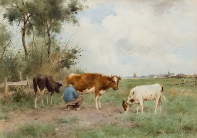 a-dutch-view-of-pastures-with-a-milking-farmer-and-his-cows-a-city-in-the-distance