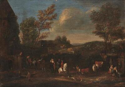 paysage-anime-de-cavaliers-bergers-et-leurs-troupeaux-pres-d-une-fontaine