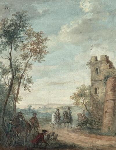 scene-de-chasse-dans-un-paysage-avec-une-tour-en-ruine