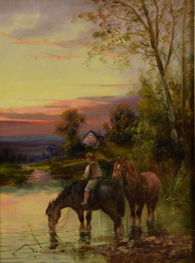 horse-and-cart-on-a-farm-track-and-watering-the-horses
