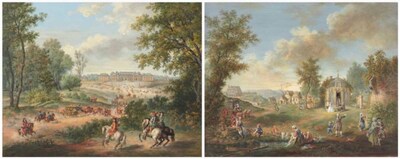vue-de-versailles-avec-une-cavalerie-approchant-et-vue-d-un-jardin-avec-des-personnages-une-maison-de-the-des-remises-et-un