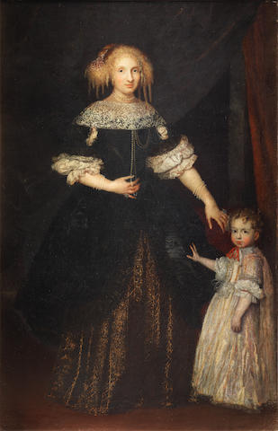portrait-of-a-lady-standing-full-length-in-a-black-and-gold-embroidered-dress-beside-her-daughter