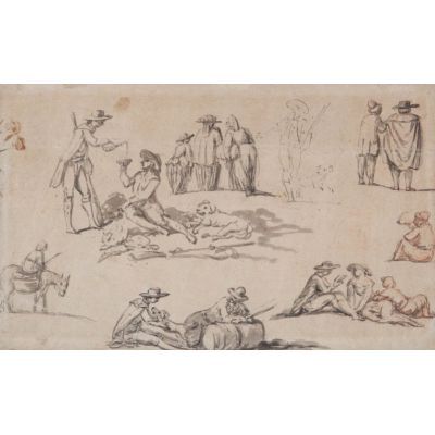 sketch-in-gray-washed-ink-depicting-various-figures-walking-drinking-sittin