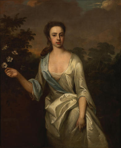 portrait-of-a-lady-three-quarter-length-in-a-white-dress-holding-flowers-before-a-landscape